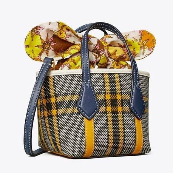Tory Burch Handbags - Tory Burch NEW Perry Plaid Micro Tote Bag Crossbody Canvas Leather Navy Mustard
